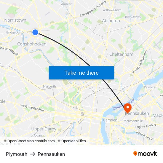 Plymouth to Pennsauken map