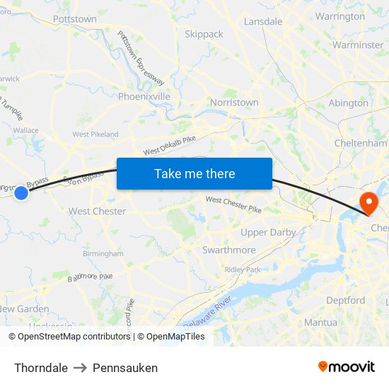 Thorndale to Pennsauken map