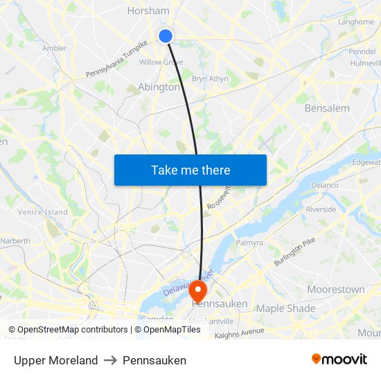 Upper Moreland to Pennsauken map