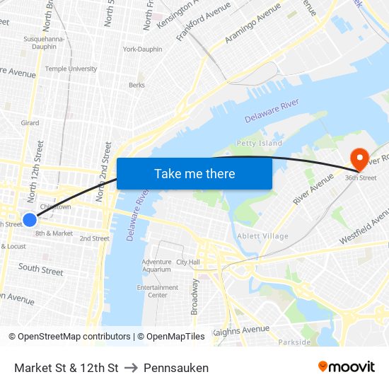 Market St & 12th St to Pennsauken map