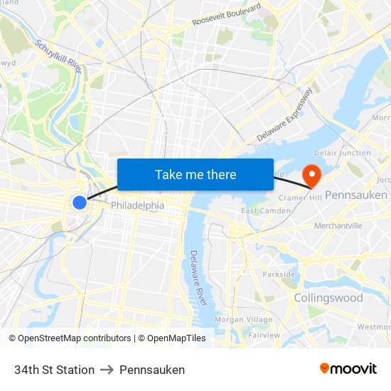 34th St Station to Pennsauken map