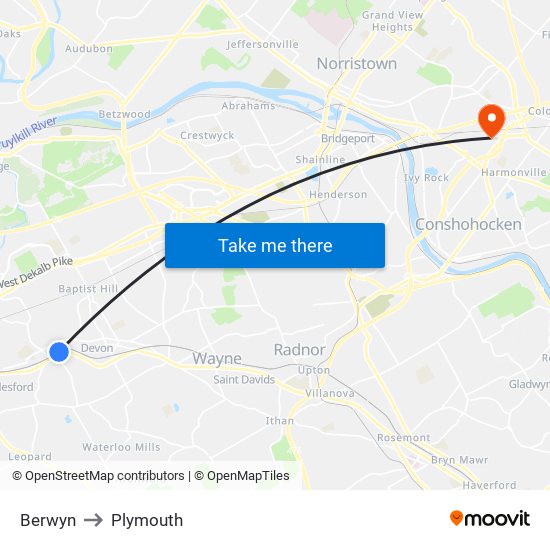 Berwyn to Plymouth map