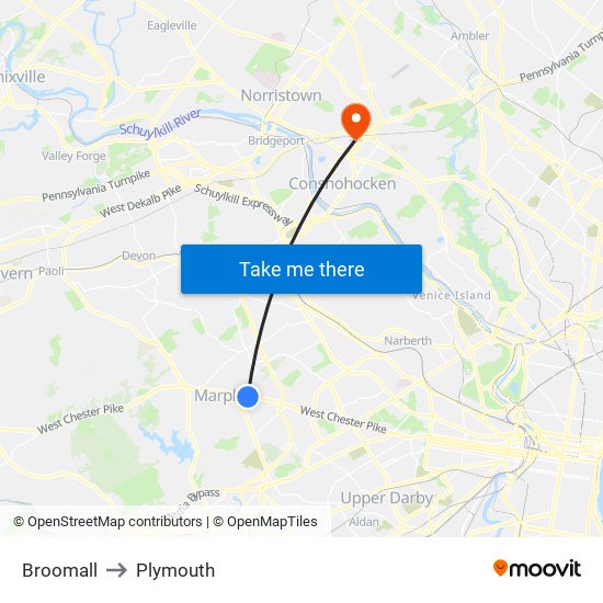 Broomall to Plymouth map