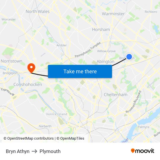 Bryn Athyn to Plymouth map