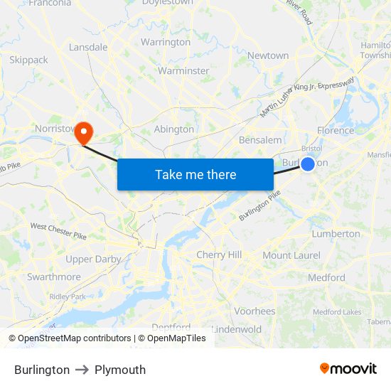 Burlington to Plymouth map