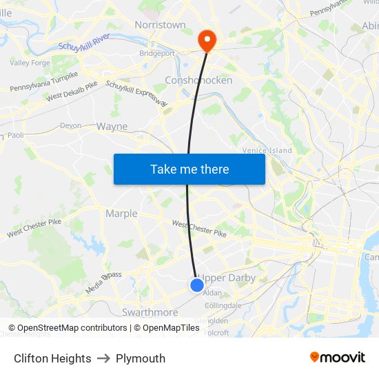 Clifton Heights to Plymouth map