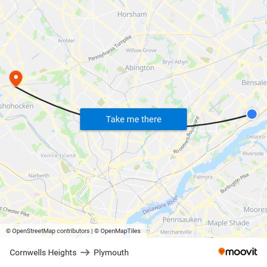 Cornwells Heights to Plymouth map