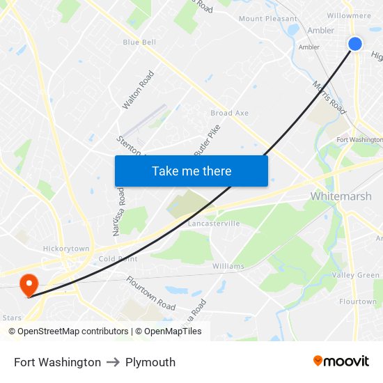 Fort Washington to Plymouth map