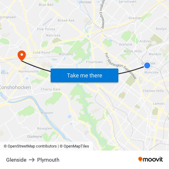 Glenside to Plymouth map