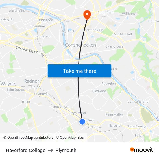 Haverford College to Plymouth map