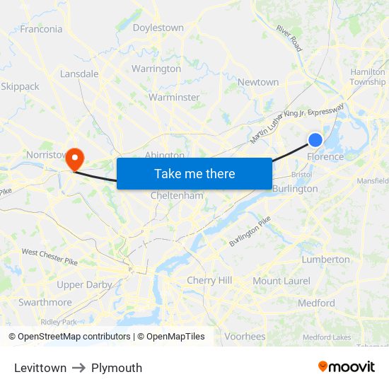 Levittown to Plymouth map