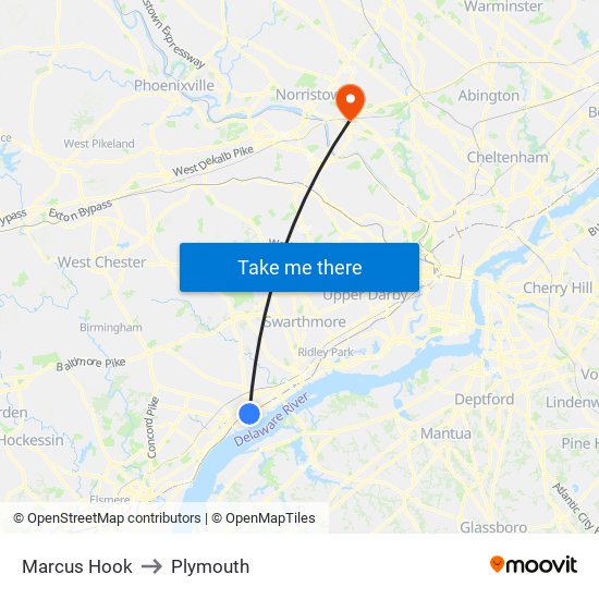 Marcus Hook to Plymouth map