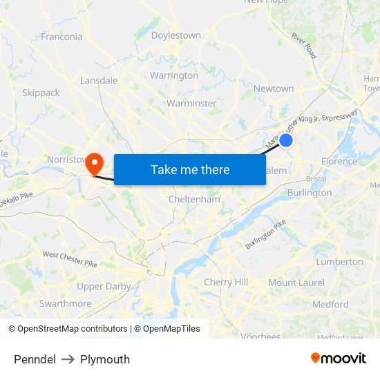 Penndel to Plymouth map