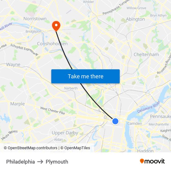 Philadelphia to Plymouth map