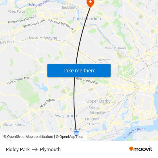 Ridley Park to Plymouth map