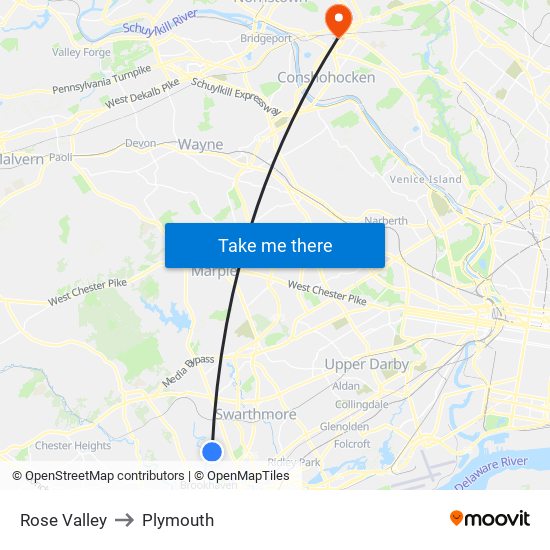 Rose Valley to Plymouth map
