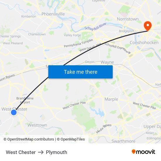 West Chester to Plymouth map