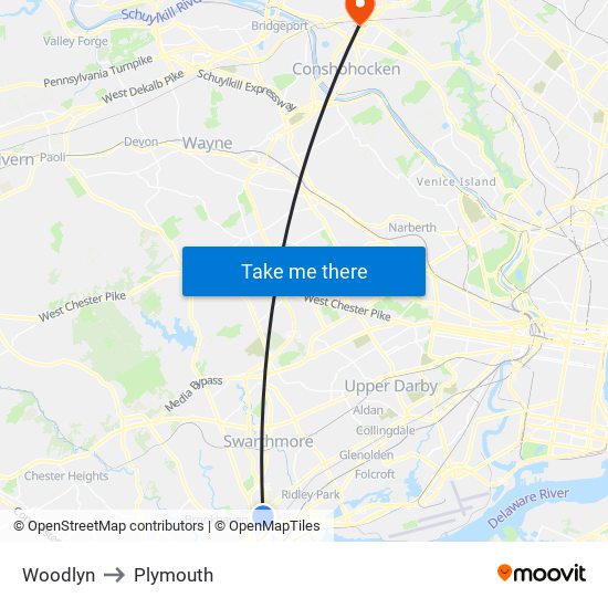 Woodlyn to Plymouth map