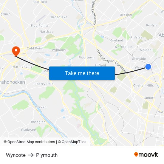 Wyncote to Plymouth map