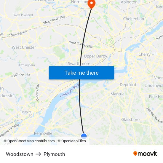 Woodstown to Plymouth map