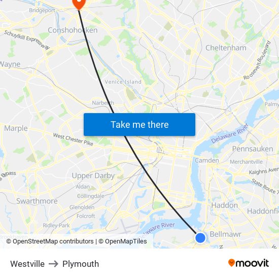 Westville to Plymouth map