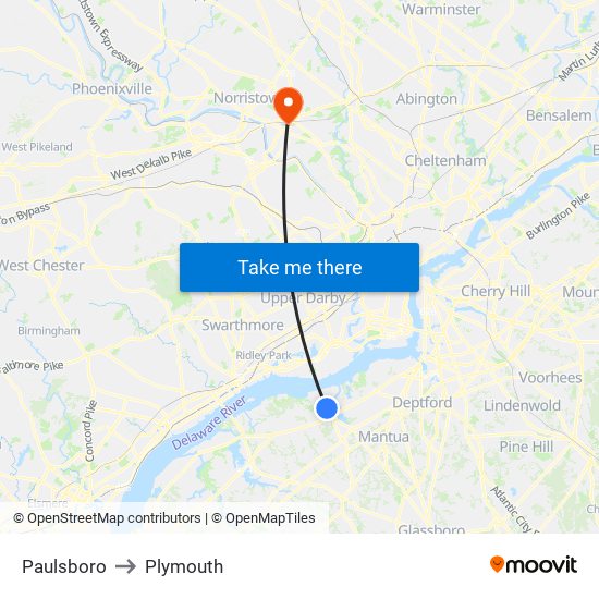 Paulsboro to Plymouth map