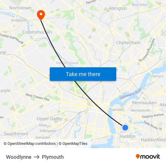 Woodlynne to Plymouth map