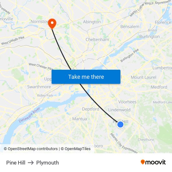 Pine Hill to Plymouth map