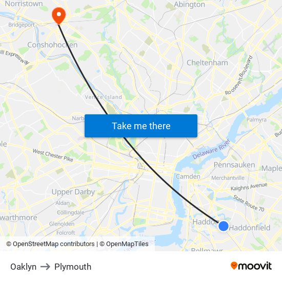 Oaklyn to Plymouth map