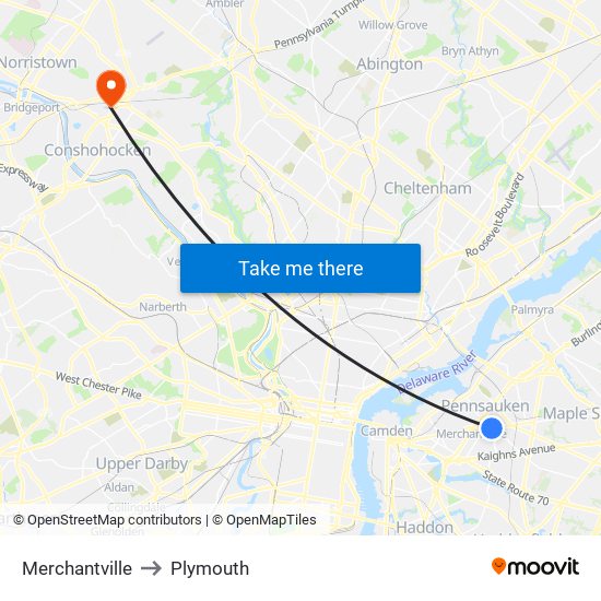 Merchantville to Plymouth map