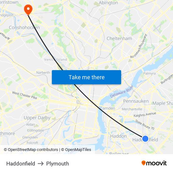 Haddonfield to Plymouth map