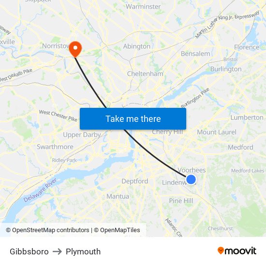 Gibbsboro to Plymouth map