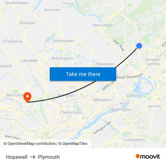 Hopewell to Plymouth map