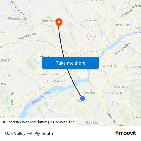 Oak Valley to Plymouth map