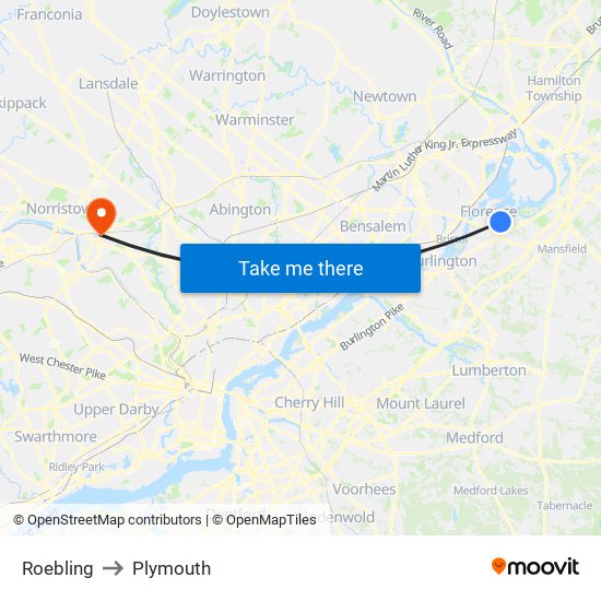 Roebling to Plymouth map