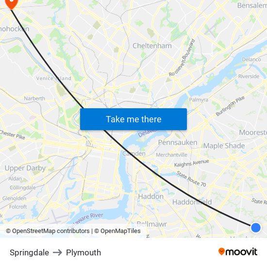 Springdale to Plymouth map