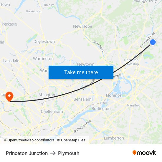 Princeton Junction to Plymouth map