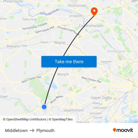 Middletown to Plymouth map