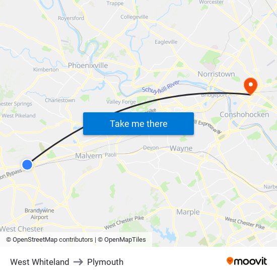 West Whiteland to Plymouth map