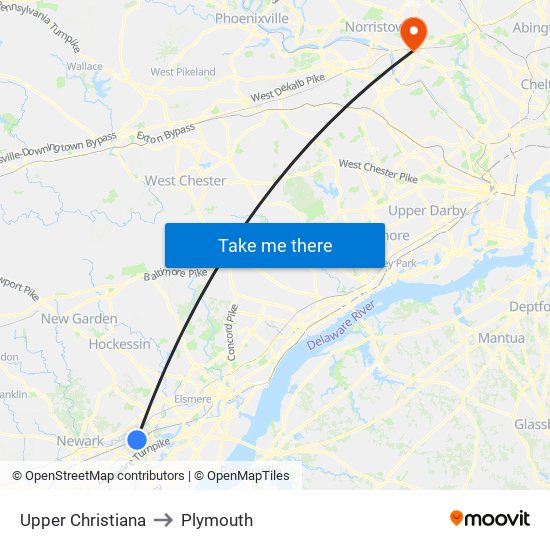 Upper Christiana to Plymouth map