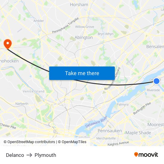 Delanco to Plymouth map