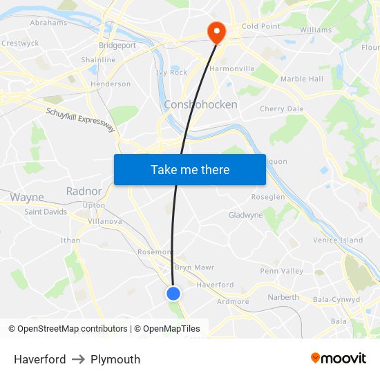 Haverford to Plymouth map