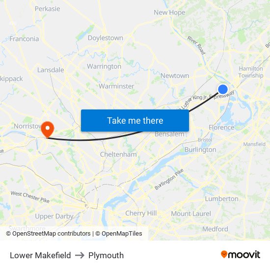 Lower Makefield to Plymouth map