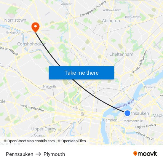 Pennsauken to Plymouth map