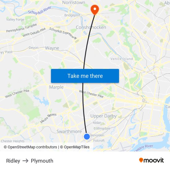 Ridley to Plymouth map