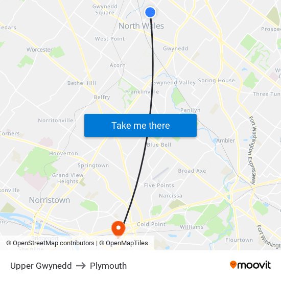 Upper Gwynedd to Plymouth map