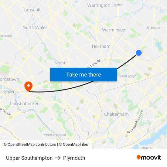 Upper Southampton to Plymouth map