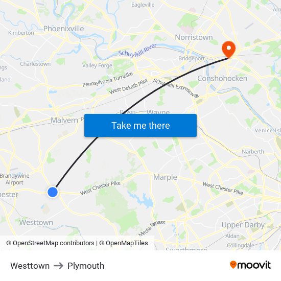 Westtown to Plymouth map