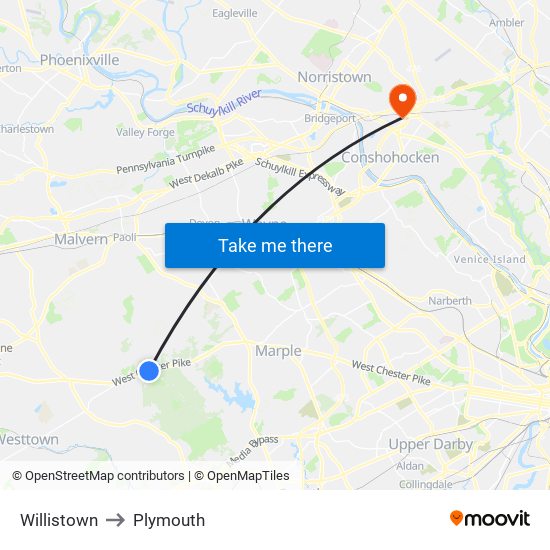 Willistown to Plymouth map