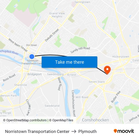 Norristown Transportation Center to Plymouth map